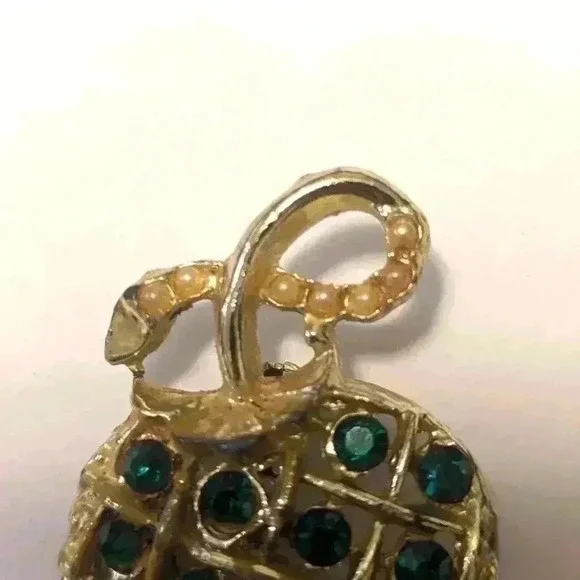 Gold Tone Green Rhinestone Apple Brooch - Picture 2 of 5
